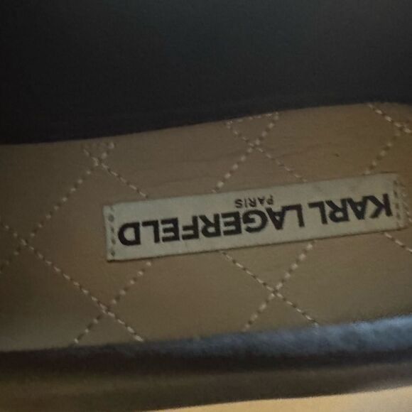 KARL LAGERFELD women 9.5 Black Satin wedge Loafers gold accentst - Picture 6 of 7